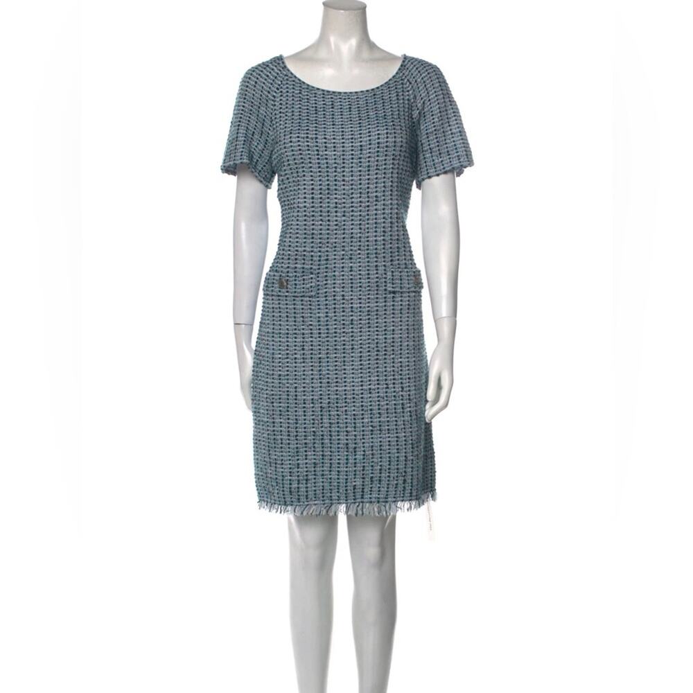 NWT St John Micro-Check Knit Fringe-Hem Dress Seaglass Multi Blue Green